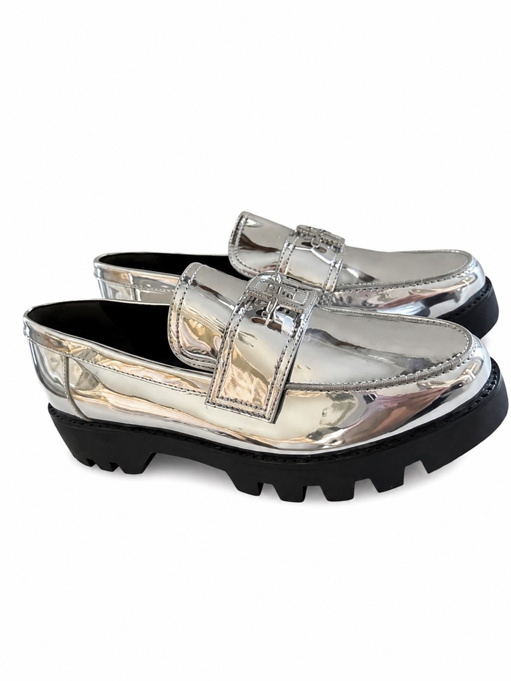 Tory Burch Mirror Metallic Silver Leather Lug Sole Loafers shoes 6